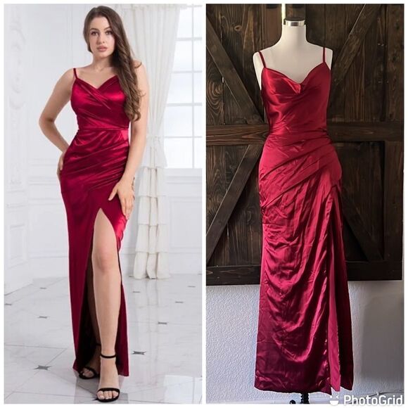 New Wedding dress Satin COWL NECK RED GOWN FRONT Split back lace up gown - Picture 1 of 13